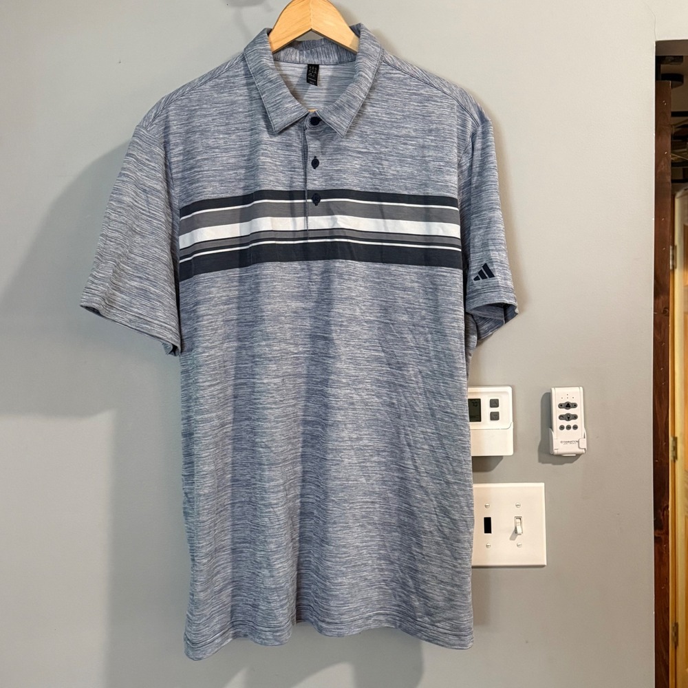 Adidas Polo Shirt Men 2XL Blue Heathered Striped Short Sleeve Golf Performance